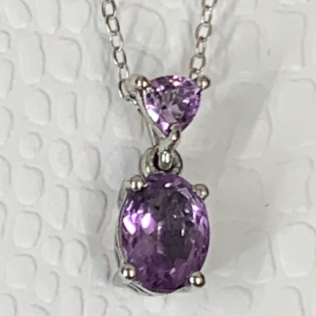Signed Sts 925 Sterling Silver Natural Oval Amethyst Solitaire Pendant Necklace